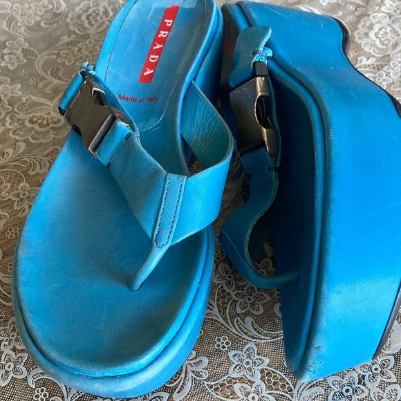 PRADA platform grayed-blue (1stpic), thong sandals, st buckles $192 - Picture 3 of 10